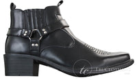 Botas de cano curto masculinas CLASSIQUE MBO 3136 em couro marrom claro e preto, estilo cowboy/western, com fivela.