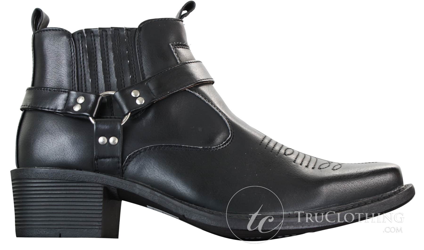 Botas de cano curto masculinas CLASSIQUE MBO 3136 em couro marrom claro e preto, estilo cowboy/western, com fivela.