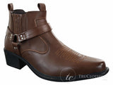 Botas de cano curto masculinas CLASSIQUE MBO 3136 em couro marrom claro e preto, estilo cowboy/western, com fivela.