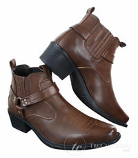 Botas de cano curto masculinas CLASSIQUE MBO 3136 em couro marrom claro e preto, estilo cowboy/western, com fivela.
