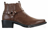 Botas de cano curto masculinas CLASSIQUE MBO 3136 em couro marrom claro e preto, estilo cowboy/western, com fivela.