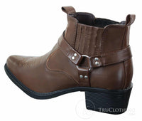 Botas de cano curto masculinas CLASSIQUE MBO 3136 em couro marrom claro e preto, estilo cowboy/western, com fivela.