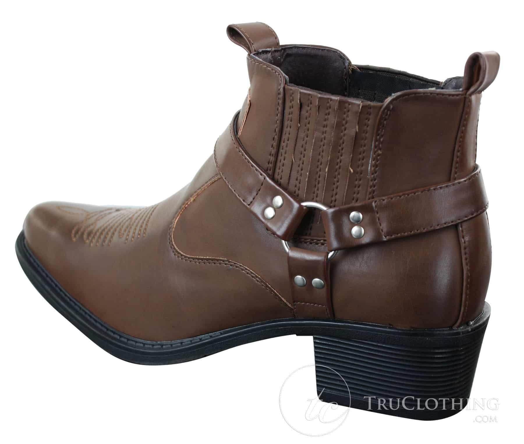 Botas de cano curto masculinas CLASSIQUE MBO 3136 em couro marrom claro e preto, estilo cowboy/western, com fivela.