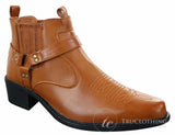 Botas de cano curto masculinas CLASSIQUE MBO 3136 em couro marrom claro e preto, estilo cowboy/western, com fivela.