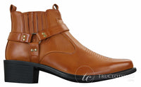 Botas de cano curto masculinas CLASSIQUE MBO 3136 em couro marrom claro e preto, estilo cowboy/western, com fivela.