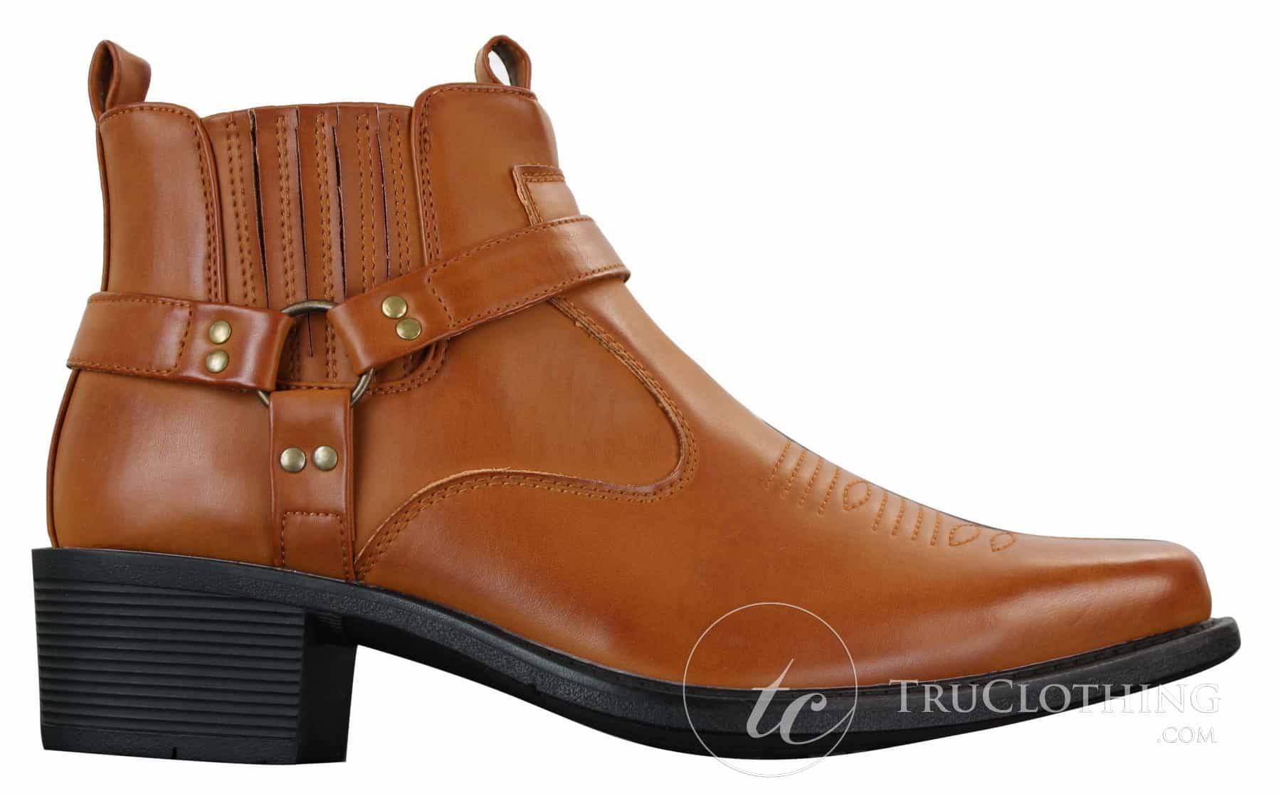 Botas de cano curto masculinas CLASSIQUE MBO 3136 em couro marrom claro e preto, estilo cowboy/western, com fivela.