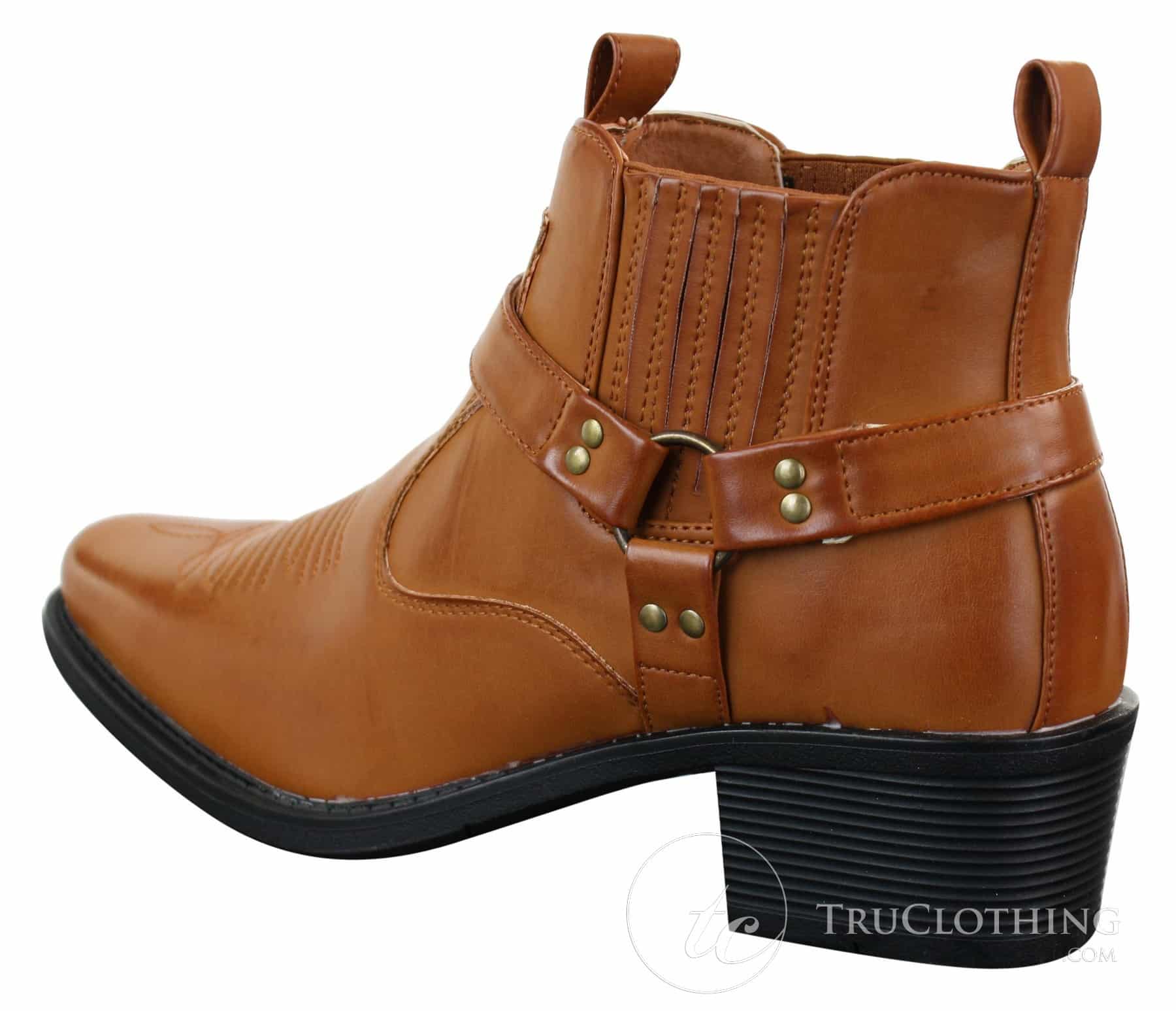 Botas de cano curto masculinas CLASSIQUE MBO 3136 em couro marrom claro e preto, estilo cowboy/western, com fivela.