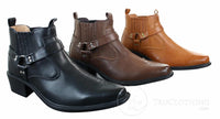 Botas de cano curto masculinas CLASSIQUE MBO 3136 em couro marrom claro e preto, estilo cowboy/western, com fivela.