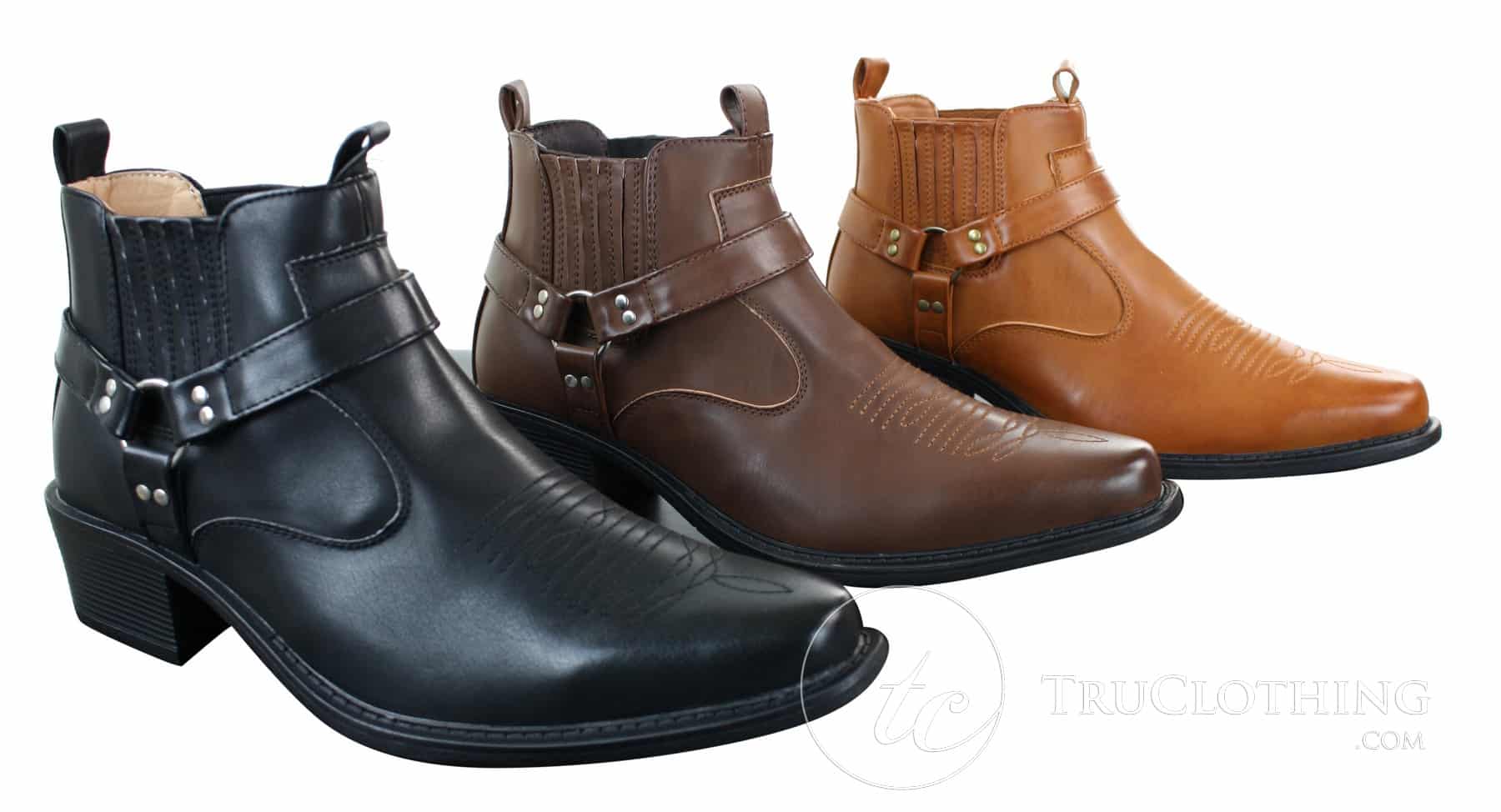 Botas de cano curto masculinas CLASSIQUE MBO 3136 em couro marrom claro e preto, estilo cowboy/western, com fivela.