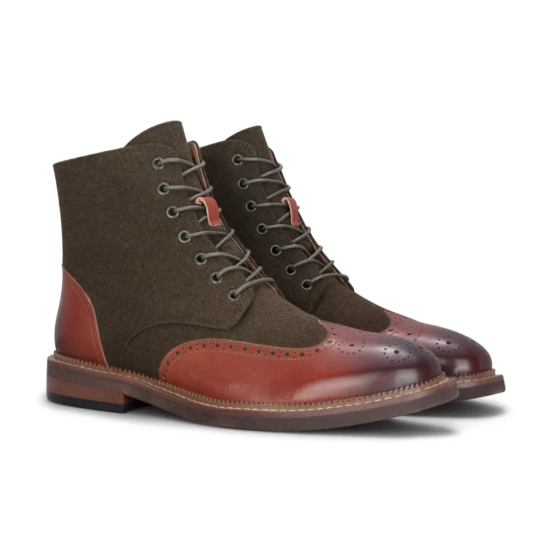 Clifford - Botas de cano curto masculinas em couro marrom cáqui com acabamento brogue