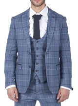 Blazer masculino Marc Darcy azul claro com estampa xadrez marinho, corte slim fit, elegante e casual, em tweed.