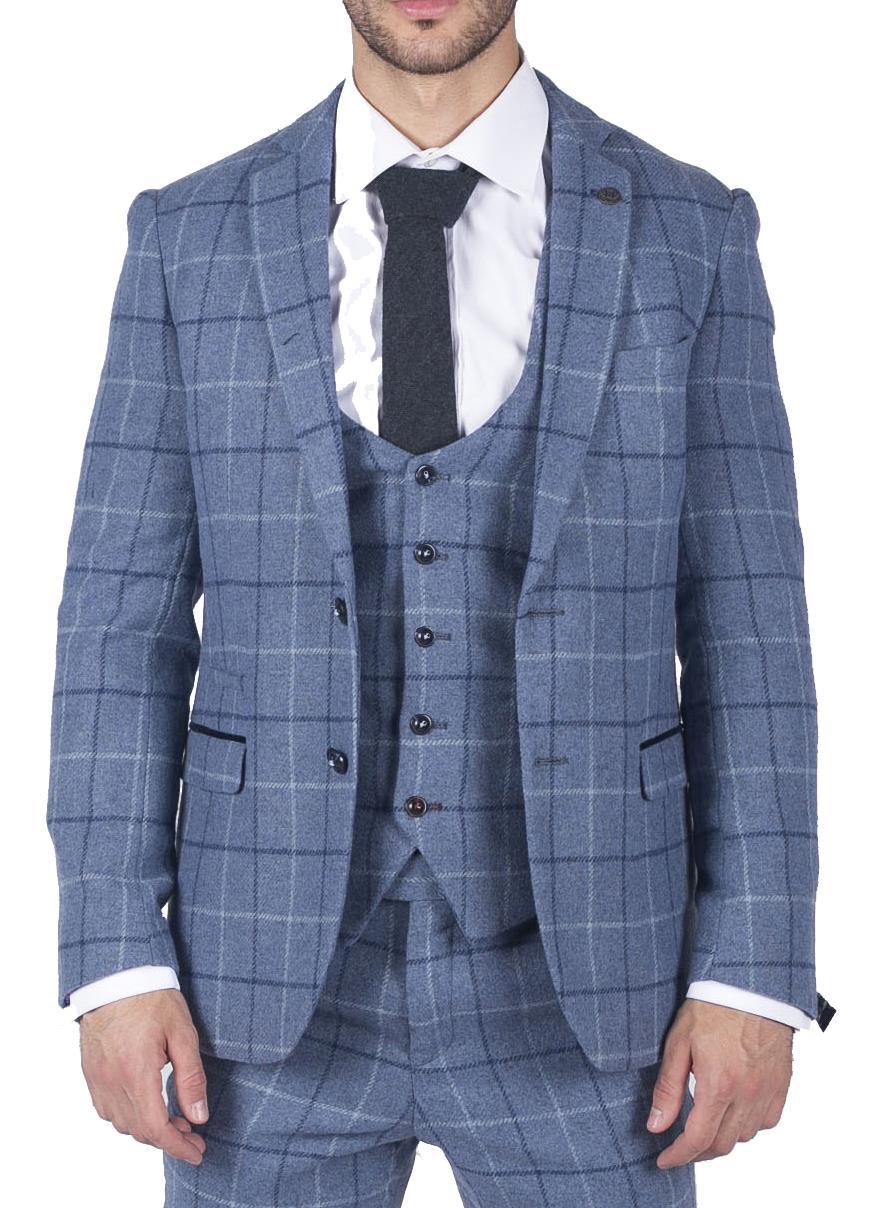 Blazer masculino Marc Darcy azul claro com estampa xadrez marinho, corte slim fit, elegante e casual, em tweed.