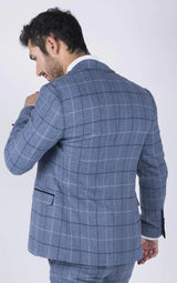 Blazer masculino Marc Darcy azul claro com estampa xadrez marinho, corte slim fit, elegante e casual, em tweed.