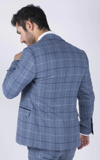 Blazer masculino Marc Darcy azul claro com estampa xadrez marinho, corte slim fit, elegante e casual, em tweed.
