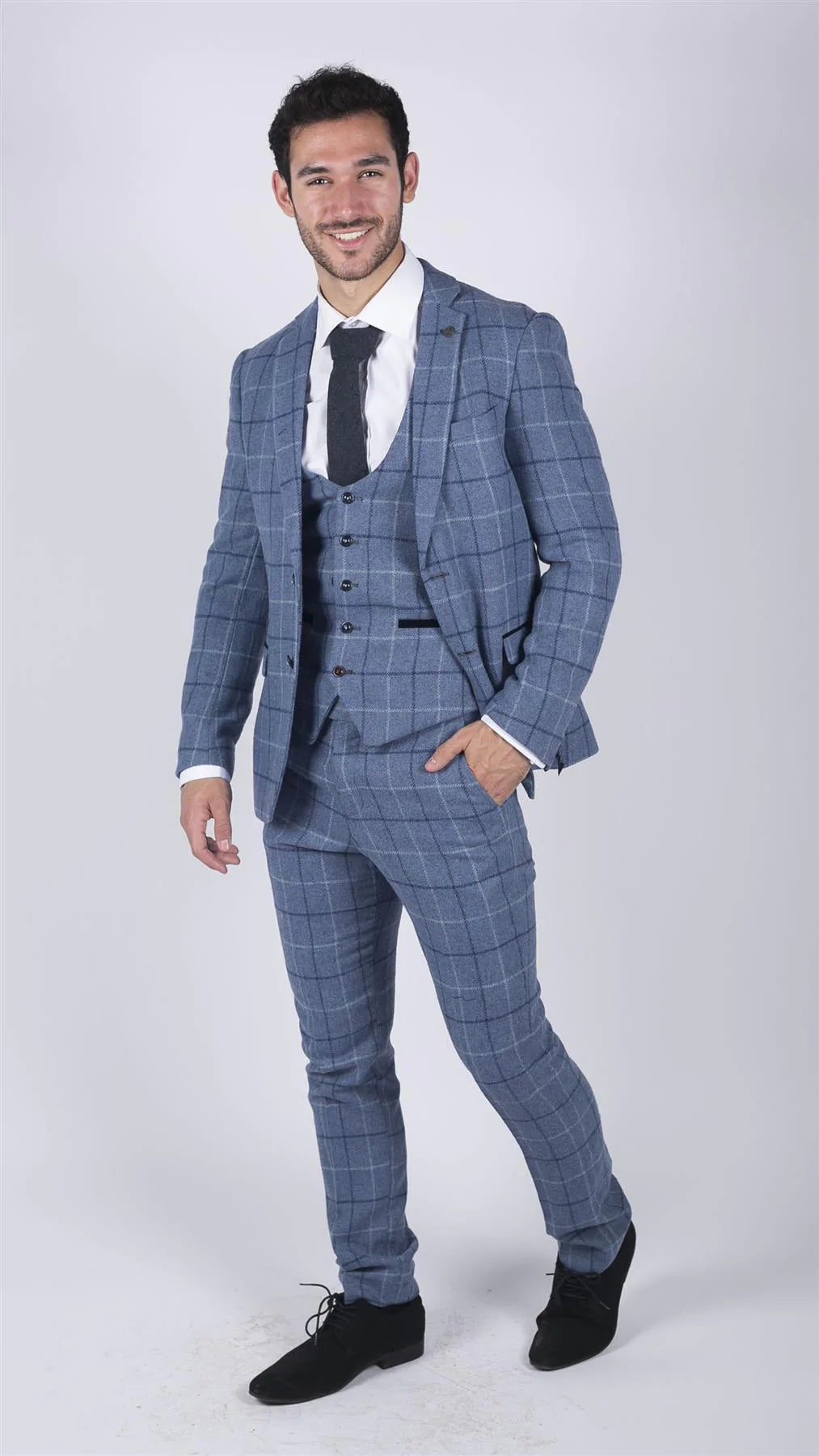 Blazer masculino Marc Darcy azul claro com estampa xadrez marinho, corte slim fit, elegante e casual, em tweed.