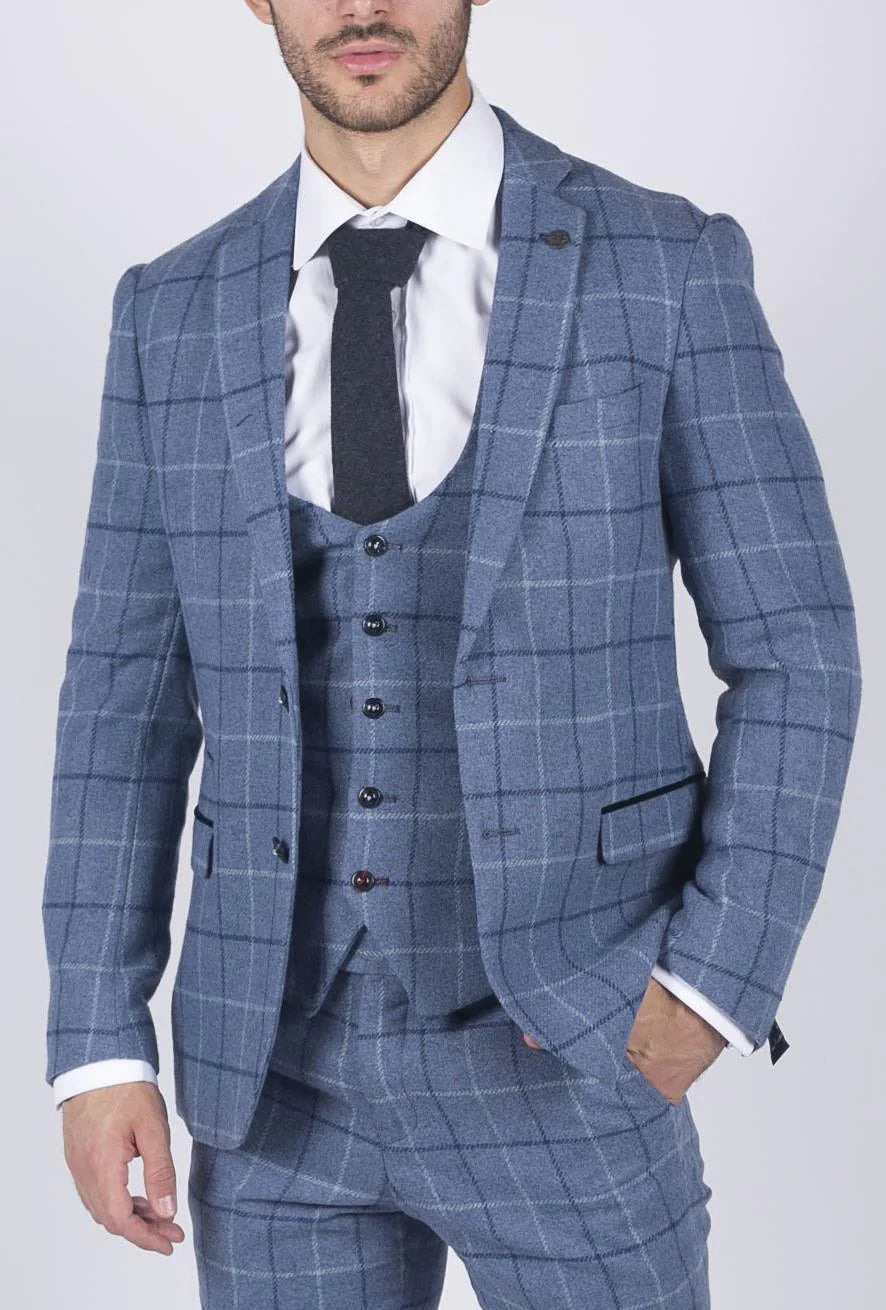 Blazer masculino Marc Darcy azul claro com estampa xadrez marinho, corte slim fit, elegante e casual, em tweed.