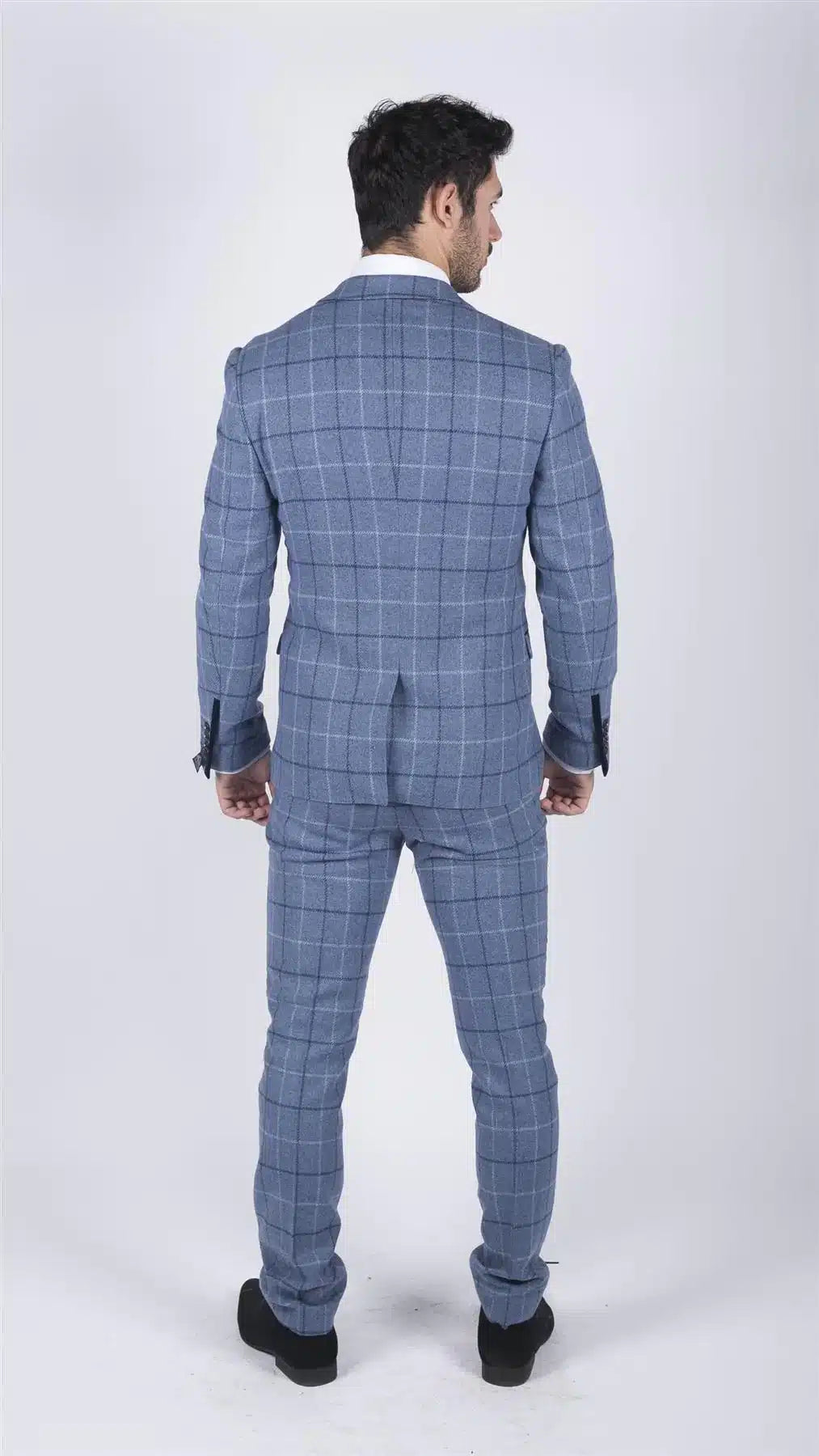 Terno masculino Marc Darcy azul claro com estampa xadrez marinho, 3 peças, elegante e casual, em tweed, corte slim, modelo Clinton.