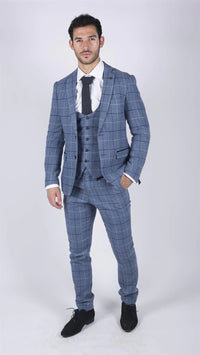 Terno masculino Marc Darcy azul claro com estampa xadrez marinho, 3 peças, elegante e casual, em tweed, corte slim, modelo Clinton.
