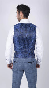 Terno masculino Marc Darcy azul claro com estampa xadrez marinho, 3 peças, elegante e casual, em tweed, corte slim, modelo Clinton.