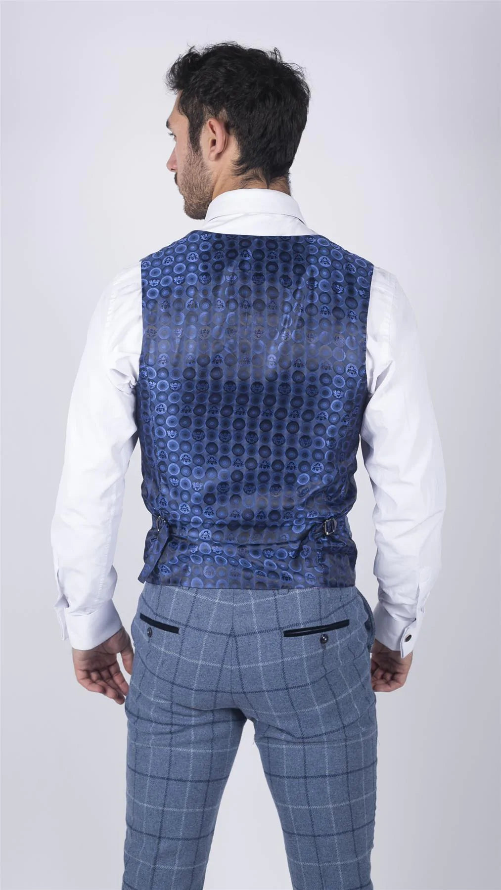 Terno masculino Marc Darcy azul claro com estampa xadrez marinho, 3 peças, elegante e casual, em tweed, corte slim, modelo Clinton.