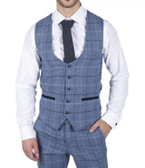 Colete masculino Marc Darcy azul claro com estampa xadrez marinho, elegante e casual, em tweed, corte slim, modelo Clinton.