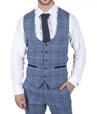 Colete masculino Marc Darcy azul claro com estampa xadrez marinho, elegante e casual, em tweed, corte slim, modelo Clinton.