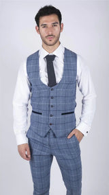 Colete masculino Marc Darcy azul claro com estampa xadrez marinho, elegante e casual, em tweed, corte slim, modelo Clinton.