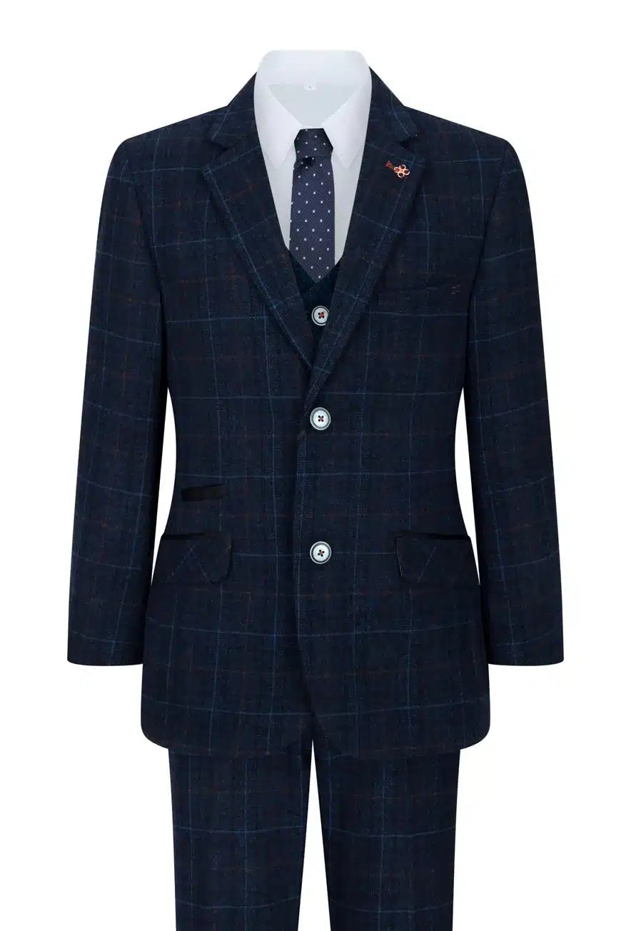 Terno infantil azul de 3 peças com estampa xadrez marinho, ideal para casamento, formatura e ocasiões formais, com corte vintage sob medida.