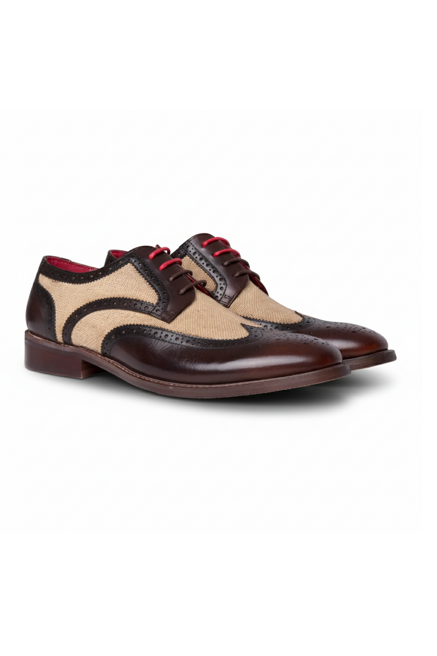 Cole - Sapatos Brogue Masculinos em Couro Marrom com Detalhes em Lona