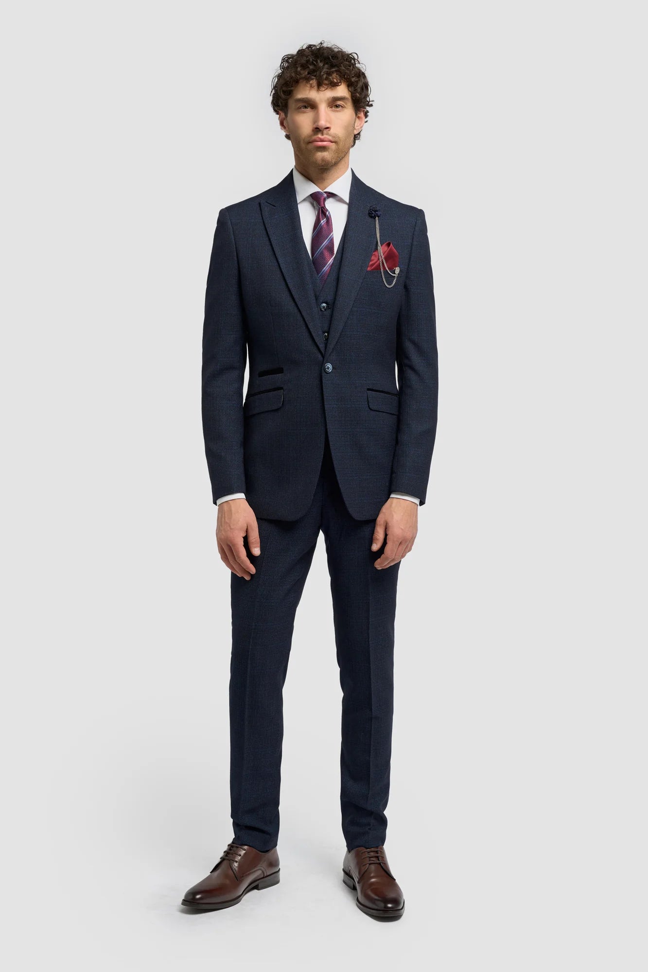 Terno vintage xadrez azul-marinho masculino Cavani Connall
