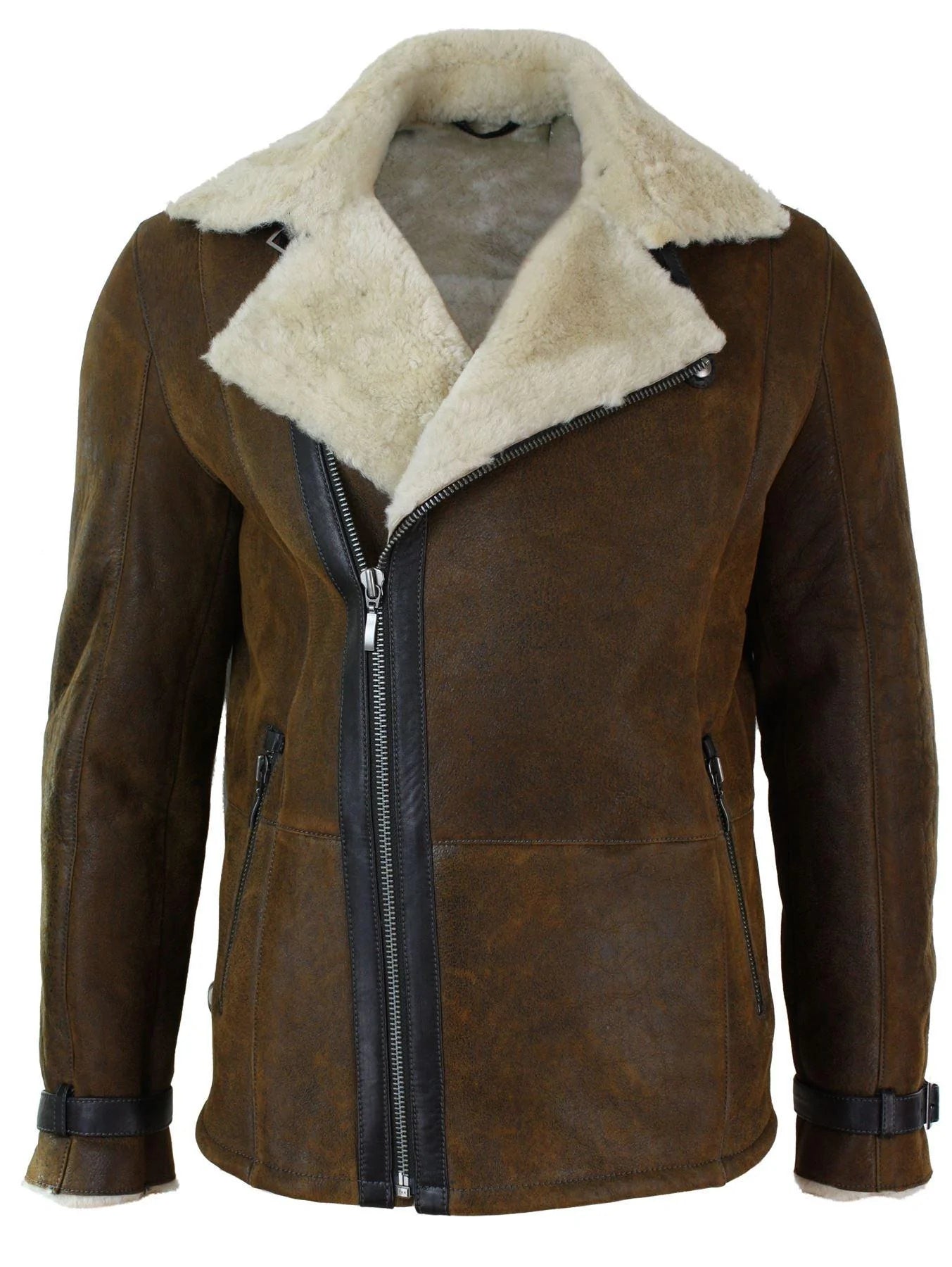Jaqueta masculina de inverno em pele de carneiro verdadeira vintage, cor marrom claro, com zíper cruzado.
