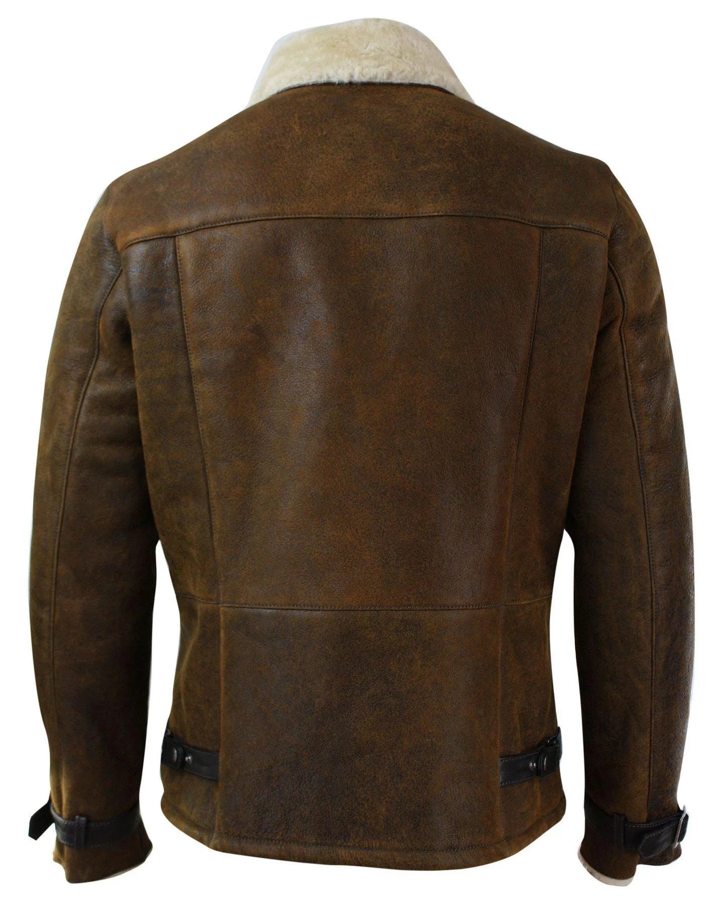 Jaqueta masculina de inverno em pele de carneiro verdadeira vintage, cor marrom claro, com zíper cruzado.