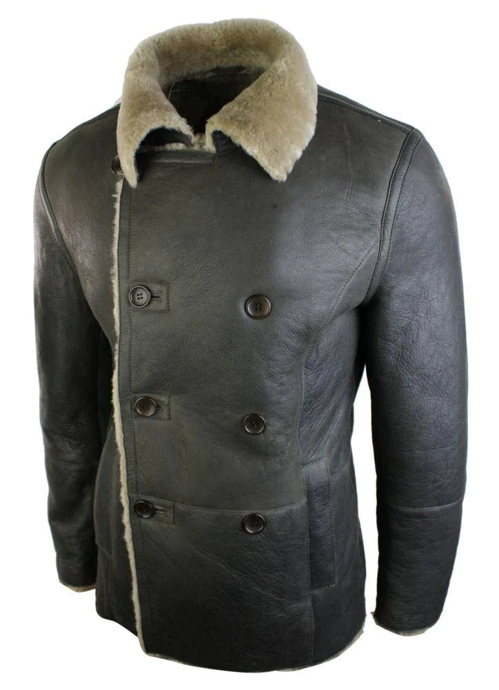 Jaqueta masculina vintage marrom de pele de carneiro alemã autêntica, modelo de abotoamento duplo, estilo marinheiro.