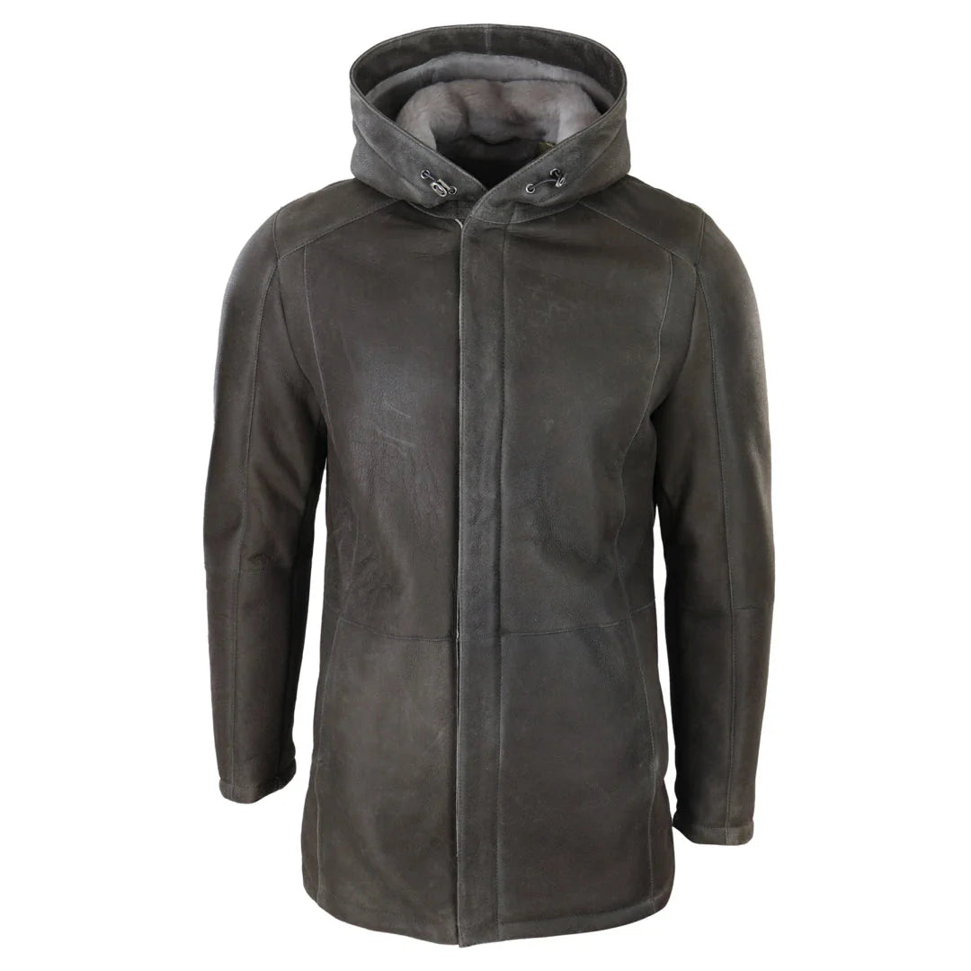 Jaqueta masculina 3/4 marrom de pele de carneiro macia com capuz, casaco 3/4 clássico e quente para o inverno.