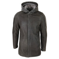 Jaqueta masculina 3/4 marrom de pele de carneiro macia com capuz, casaco 3/4 clássico e quente para o inverno.