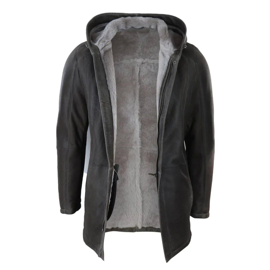 Jaqueta masculina 3/4 marrom de pele de carneiro macia com capuz, casaco 3/4 clássico e quente para o inverno.
