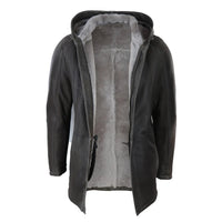 Jaqueta masculina 3/4 marrom de pele de carneiro macia com capuz, casaco 3/4 clássico e quente para o inverno.