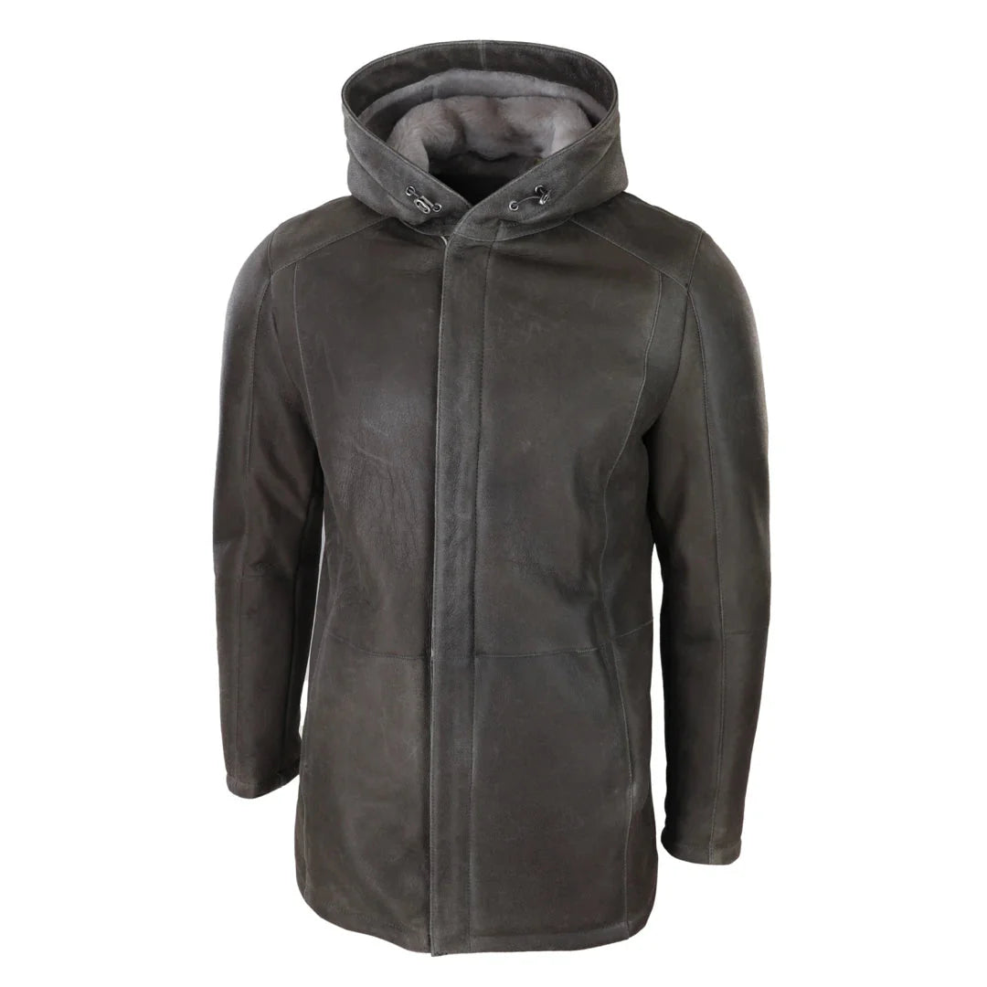 Jaqueta masculina 3/4 marrom de pele de carneiro macia com capuz, casaco 3/4 clássico e quente para o inverno.