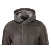 Jaqueta masculina 3/4 marrom de pele de carneiro macia com capuz, casaco 3/4 clássico e quente para o inverno.