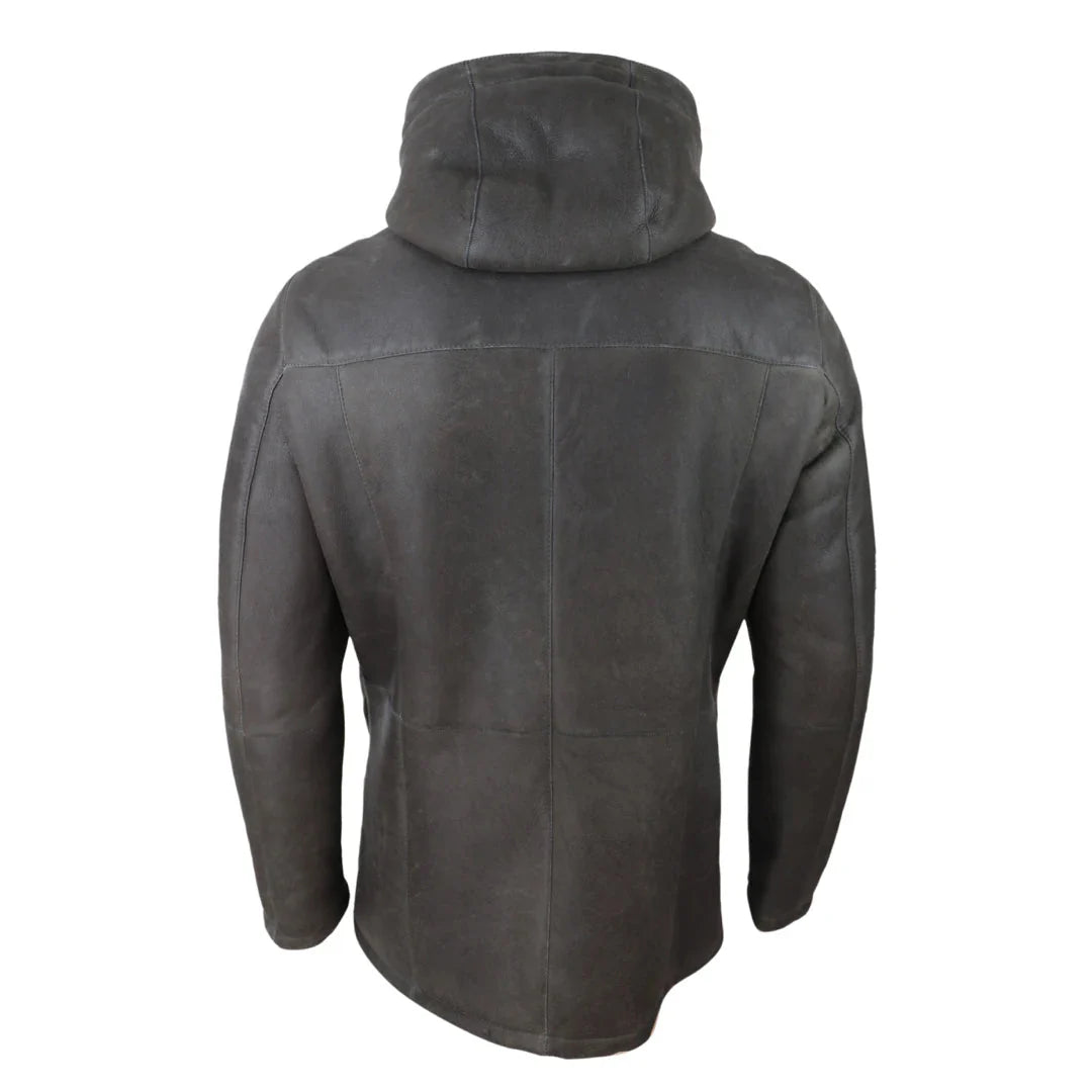 Jaqueta masculina 3/4 marrom de pele de carneiro macia com capuz, casaco 3/4 clássico e quente para o inverno.