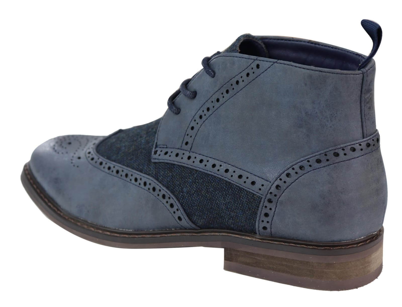 Botas de cano curto masculinas em couro e tweed com cadarço