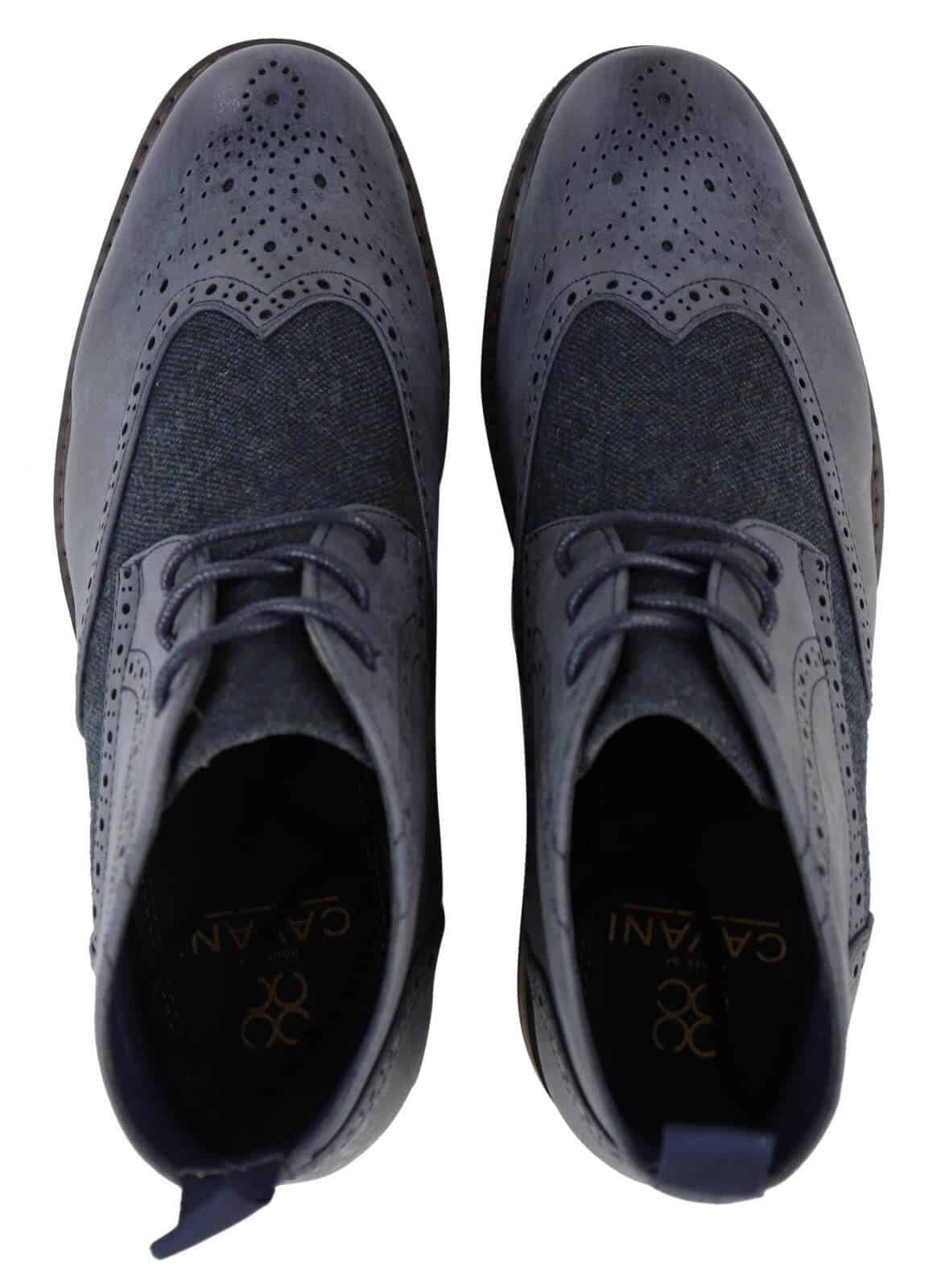 Botas de cano curto masculinas em couro e tweed com cadarço