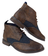 Botas de cano curto masculinas em couro e tweed com cadarço