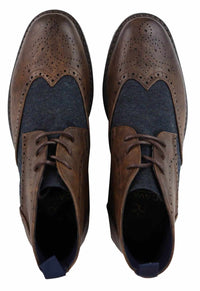 Botas de cano curto masculinas em couro e tweed com cadarço