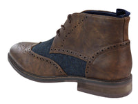 Botas de cano curto masculinas em couro e tweed com cadarço