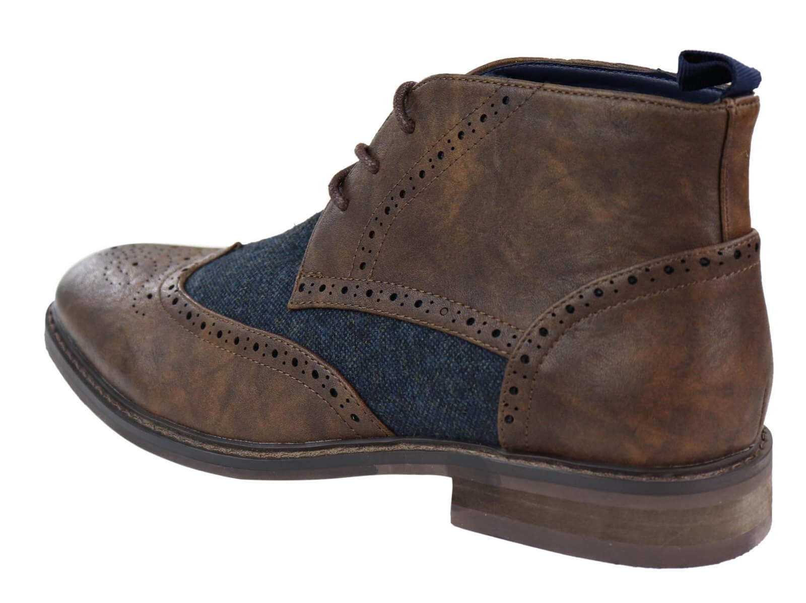 Botas de cano curto masculinas em couro e tweed com cadarço