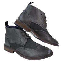 Botas de cano curto masculinas em couro e tweed com cadarço