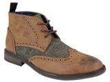 Botas de cano curto masculinas em couro e tweed com cadarço