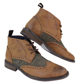 Botas de cano curto masculinas em couro e tweed com cadarço