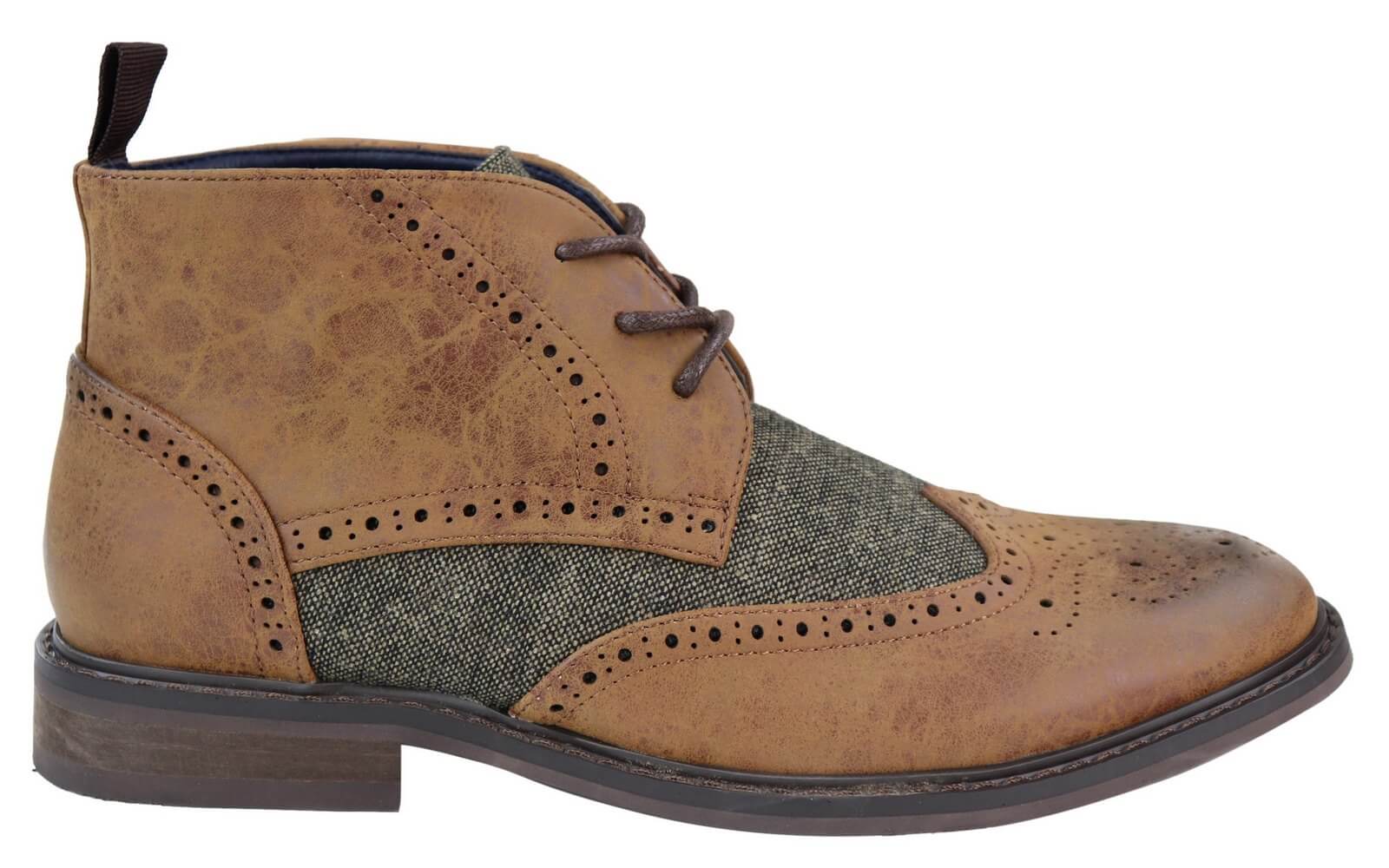 Botas de cano curto masculinas em couro e tweed com cadarço